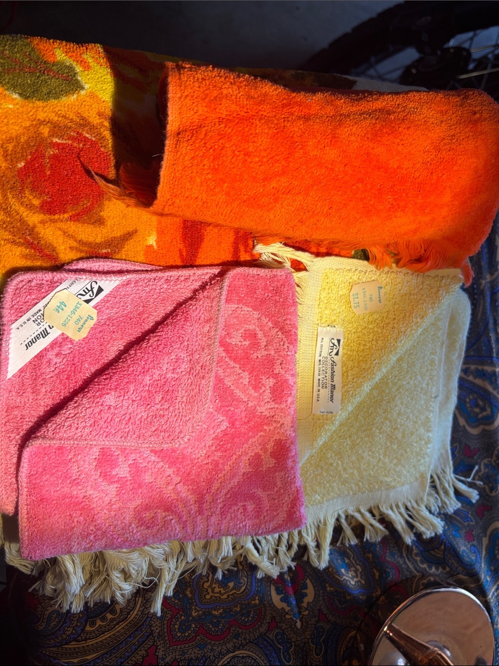 Vintage Towels Set - Pink & Yellow Cotton Bath Towel hand towel and wash cloth